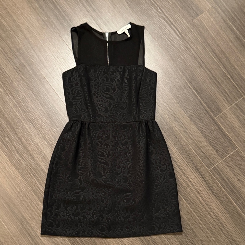 SANDRO EUC Embossed Print Mini Dress w/Sheer Yoke in Black Size 1